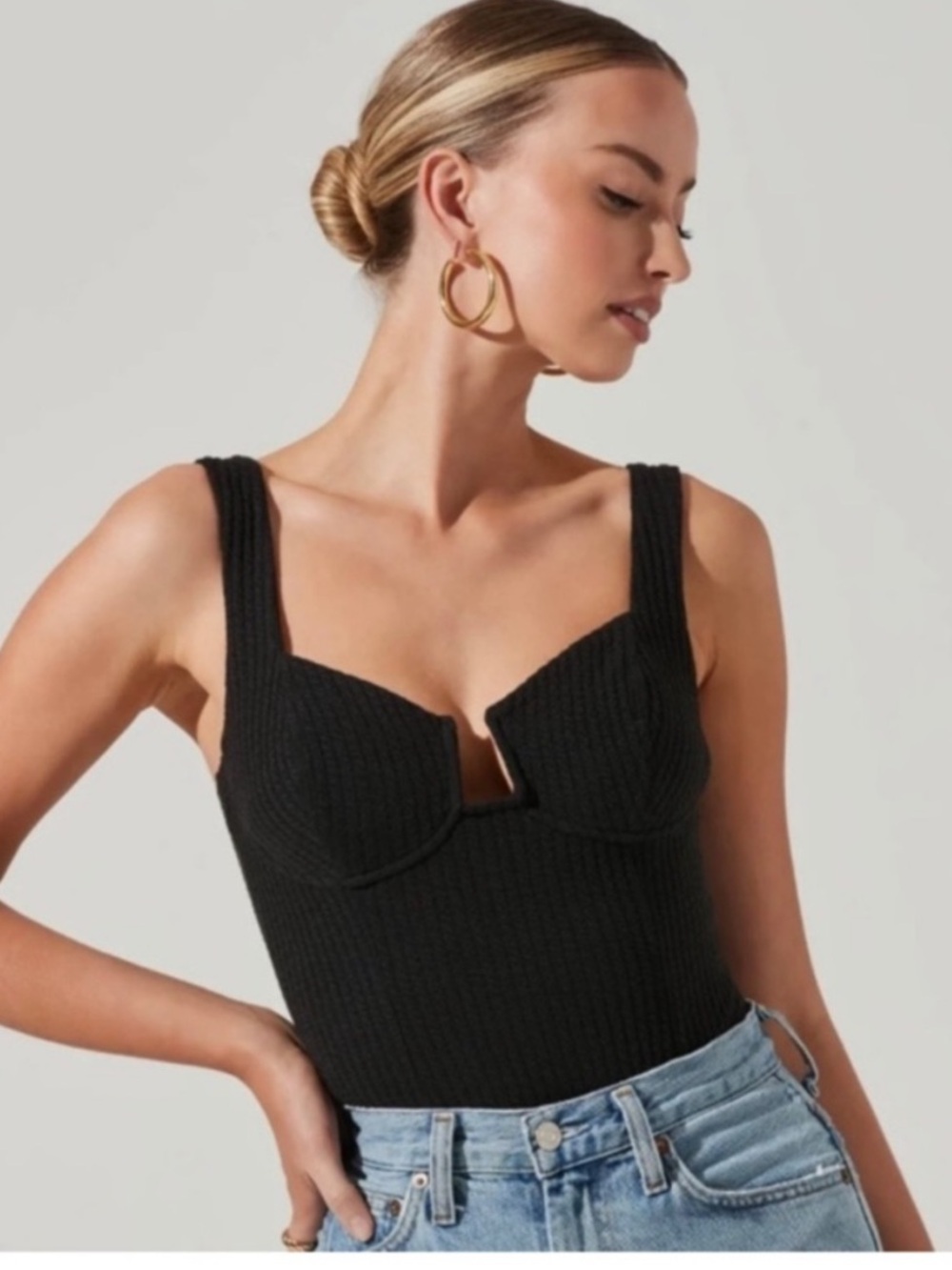 ASTR THE LABEL Aria Black Ribbed Bustier Bodysuit Sweetheart Top S